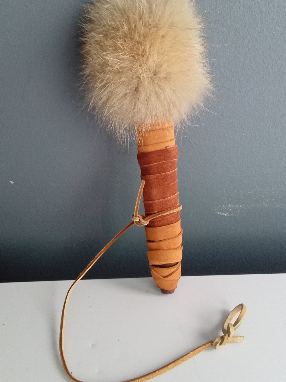 Handmade Leather Wrapped Fur Head Drum Beater Mallet Native American Style Tan